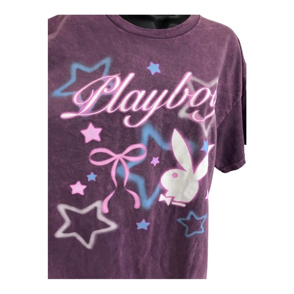 Pink mauve washed cotton blue stars Playboy bunny logo oversized t-shirt size XL - Picture 7 of 12
